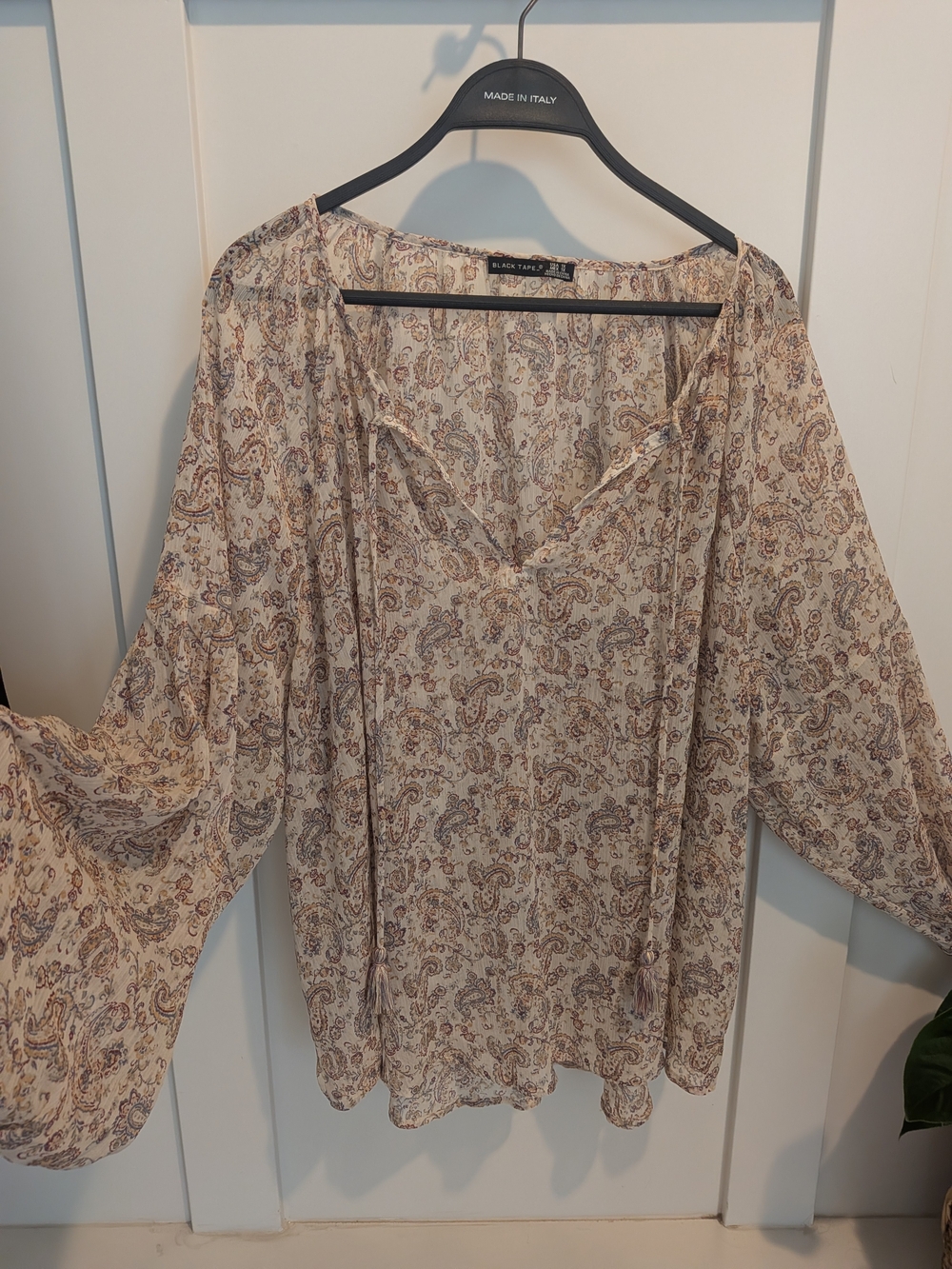 Black Tape_ Cream and Brown Paisley Tie-Front Blouse